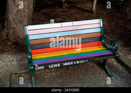 Banc de parc peint dans les couleurs du drapeau Rainbow Pride dans le quartier West End de Vancouver, BC, Canada Banque D'Images
