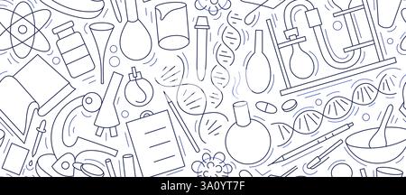 Motif sans couture chimique. La santé médicale. Icônes de dépistage des drogues, de découverte scientifique et de prévention des maladies. Laboratoire de test. Arrière-plan de trait d'art. EDU Illustration de Vecteur