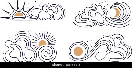 Soleil, lune, ligne nuageuse. Étoiles sur le ciel venteux dans un style minimaliste. Conception graphique d'astronomie. Contour modifiable. Symbole d'art vectoriel isolé sur backgro blanc Illustration de Vecteur