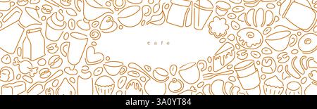 Café et thé, haricots, bonbons. Fond d'art pour le menu, la conception alimentaire. Ensemble d'une ligne café et enseigne de boulangerie. Tasse à espresso. Illustration fine graphique vectorielle Illustration de Vecteur