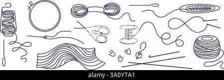 Kit de broderie. Tricotage. Cadre de cerceau, fils, aiguille, ciseaux, accessoires artisanaux. Passe-temps artisanal. Boules de fil. Ligne continue vectorielle Illustration de Vecteur