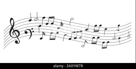 Illustration de notes de musique coulant gracieusement à travers un bâton. Les notes noires et les clefs aiguës créent un sens dynamique du rythme et de l'harmonie. Illustration de Vecteur