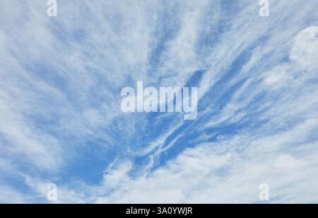 Un ciel bleu éclatant rempli de délicats nuages blancs tortueux, formant un motif naturel spectaculaire dans l'atmosphère ouverte Banque D'Images