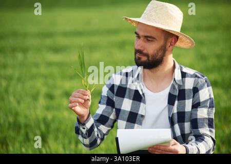 En chapeau de paille. Tenir le blé et le bloc-notes. Beau jeune homme est dans un champ agricole. Banque D'Images