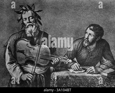 Homer et un musicien de lyre de bras, illustration de l'artiste espagnol Jusepe de Ribera, années 1600 Banque D'Images