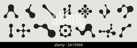 Collection de formes noires Metaball avec des éléments connectés organiques. Structures moléculaires minimalistes en grille. Diverses configurations de nœuds, des formes courbes simples aux conceptions symétriques complexes. Illustration de Vecteur