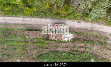 Vue aérienne d'un site forestier avec un camion rouge et des bûches empilées le long d'un chemin de terre. Banque D'Images