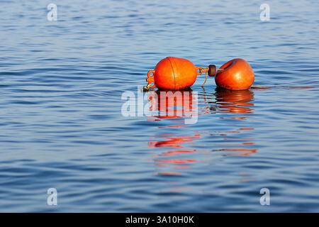 Deux bouées d'amarrage orange flottant sur l'eau bleue calme à Montepaone Lido, Calabre, Italie Banque D'Images