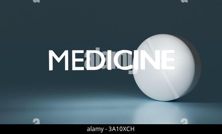 modèle 3d de pilule ronde blanche sur fond bleu foncé et texte médecine, pilules et drogues Banque D'Images