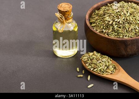 Bouteille de verre d'huile essentielle de fenouil avec des graines de fenouil dans une cuillère en bois sur une table rustique. Herbes médecine alternative concept de fond Banque D'Images