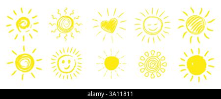 Ensemble de symboles de soleil dessinés à la craie sur un mur dans le style doodle. Emojis soleil joyeux et joyeux pour les médias sociaux Illustration de Vecteur
