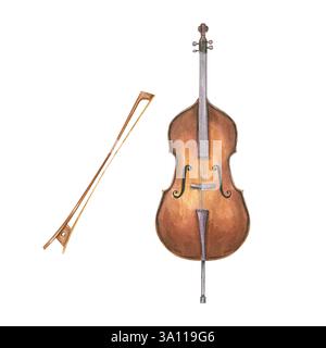 Aquarelle en bois brun contrebasse et illustration d'arc de violon arrière-plan isolé. Contrebasse arquée classique avec cordes Banque D'Images
