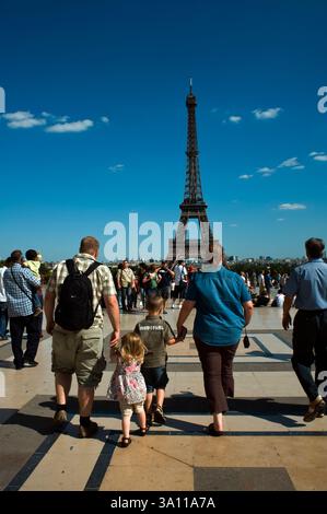 Paris, France, scène de rue, famille touristique se promener à la Tour Eiffel depuis le Trocadéro, groupe derrière monuments paris Banque D'Images