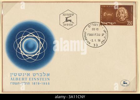 Timbre israélien commémorant Albert Einstein (14 mars 1879 – 18 avril 1955) sur un pli premier jour émis le 3 janvier 1956 Banque D'Images