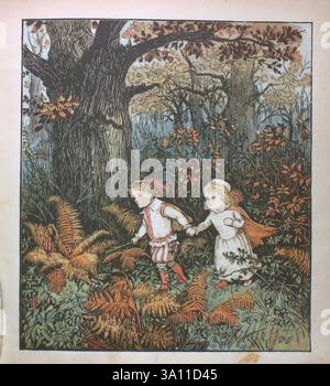 Babes in the Wood le conte traditionnel pour enfants est celui de deux enfants abandonnés dans un bois, qui meurent et sont couverts de feuilles par des robins. Collection de photos et chansons de R. Caldecott, Randolph, 1846-1886, Banque D'Images