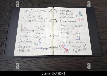 Un carnet ouvert révèle des équations mathématiques complexes et des graphiques colorés, accompagnés d'un luxueux stylo doré Banque D'Images