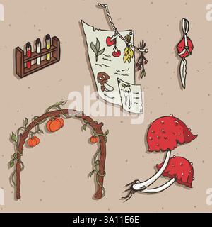 Halloween chibi mignon fille chat sorcière champignon jeu vintage ligne esquisse doodle fond bannière dessinée à la main élément illustrateur vectoriel Illustration de Vecteur