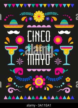 Cinco de Mayo colorée, design audacieux dans des couleurs vives. Elements mexicains Fiesta et icônes du Mexique. Illustrations vectorielles et conception conceptuelle Illustration de Vecteur