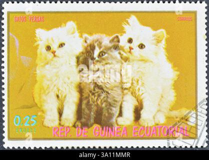 Timbre-poste oblitéré imprimé par la Guinée équatoriale, qui montre le persan (Felis silvestris catus), vers 1976. Banque D'Images