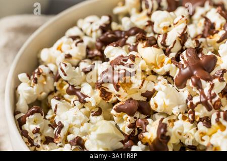 Pop-corn recouvert de chocolat maison avec sel dans un bol Banque D'Images