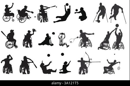 Ensemble de 20 athlètes masculins avec handicap vol.1. Icônes pleines découpées. Illustration vectorielle de silhouettes de joueur de sport pour hommes. Illustration de Vecteur