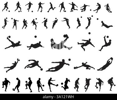 Un ensemble de 40 silhouettes de joueur de football de football contours découpés, ensembles d'icônes vectorielles dans diverses poses Illustration de Vecteur