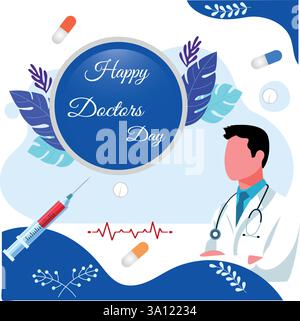 Journée des médecins avec fond. Conception de bannière de soins de santé médicale avec médecin, stéthoscope, capsule, illustration vectorielle d'injection Illustration de Vecteur