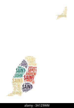 Grenada Word Cloud. Forme du pays avec division de région. Image de style typographie Grenade. Nuages de balises de noms de région. Illustration vectorielle. Illustration de Vecteur