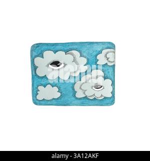 Ciel bleu et nuages, lumière du soleil dans le ciel, isolé peint à la main Aquarelle Tarot inspiré carte d'art avec le ciel et les nuages sur fond blanc pour Banque D'Images