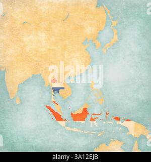 Indonésie et Thaïlande sur la carte de l'Asie du Sud dans le style grunge doux et vintage, comme vieux papier avec peinture à l'aquarelle. Banque D'Images