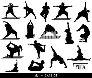 Ensemble de 16 silhouettes de yoga découpe d'icônes vectorielles dans diverses poses de yoga isolées sur fond blanc. Plus de taille, surpoids, femmes rondes qui s'entraînent. Illustration de Vecteur