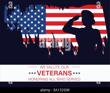 Nous saluons nos anciens combattants, honorons tous ceux qui ont servi. Femme vétéran saluant le drapeau américain. Illustration de Vecteur