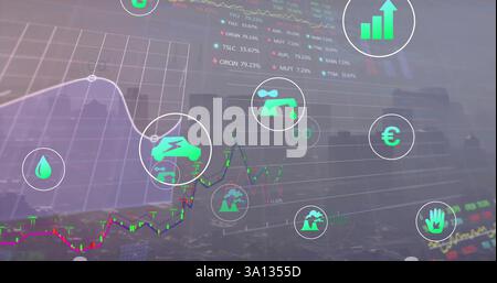 Image des icônes écologiques et du traitement des données au-dessus du paysage urbain Banque D'Images