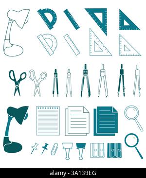 collection icône d'appareil de papeterie dans le style dessin au trait et silhouette. Illustration vectorielle d'outils de bureau isolés sur fond blanc Illustration de Vecteur