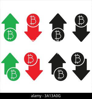 Bitcoin valeur augmenter et diminuer icône en couleur et noir isolé. Symbole de flèche haut et bas. Profit et perdre des icônes vectorielles crypto. Taureau et ours Illustration de Vecteur