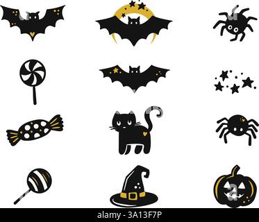Ensemble de cliparts d'Halloween ludique mettant en vedette des chauves-souris mignonnes, chats noirs, bonbons et araignées dans Une illustration vectorielle dessinée à la main Illustration de Vecteur