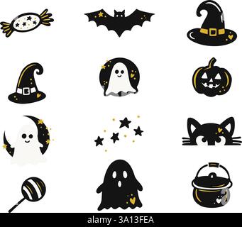 Adorable Halloween Clipart Set mettant en vedette des fantômes, des chauves-souris, des citrouilles, des chapeaux de sorcière et des étoiles dans Une jolie illustration vectorielle dessinée à la main Illustration de Vecteur