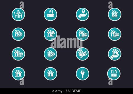 Collection d'icônes immobilières circulaires Teal représentant les ventes de propriétés, les locations, le design d'intérieur et les services à domicile en format vectoriel Illustration de Vecteur