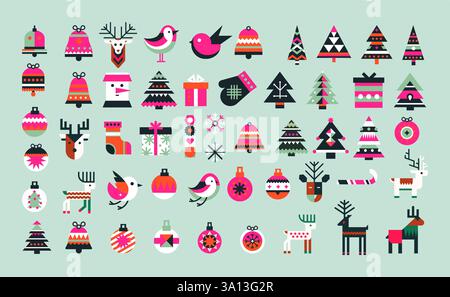 Collection d'icônes géométriques de Noël avec arbres, rennes, ornements, cadeaux et cloches dans Une illustration vectorielle plate festive Illustration de Vecteur