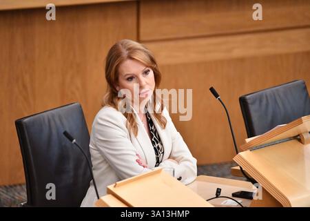 Édimbourg, Écosse, Royaume-Uni. 6 mars 2025. SUR LA PHOTO : Ash Regan MSP, Alba Party. Session hebdomadaire des questions des premiers ministres (FMQ) à Holyrood au Parlement écossais. Crédit : Colin d Fisher crédit : Colin Fisher/Alamy Live News Banque D'Images