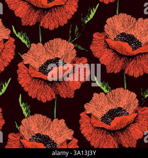 Coquelicot fleuri. Motif floral sans couture basé sur des ornements d'art dessinés à la main. Fleurs colorées sur fond de couleur. Illustration vectorielle. Motif simple Illustration de Vecteur