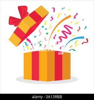 Boîte cadeau jaune surprise. offre spéciale. Coffrets cadeaux inspirés des fêtes au design gai. Boîte cadeau vibrante avec illustration des éclats de célébration. Illustration de Vecteur