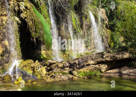 Plusieurs cascades coulent doucement sur des rochers couverts de mousse dans une piscine calme. Une végétation luxuriante entoure la région, créant une ambiance paisible dans le natura Banque D'Images