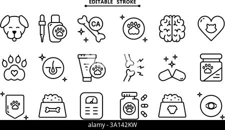 Ensemble d'icônes de vitamines pour animaux de compagnie. Contour modifiable. Différents types de médicaments pour chiens, vitamines et suppléments. Icônes vectorielles plates simples pour ui et ux, site Web Illustration de Vecteur