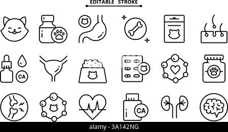 Ensemble d'icônes de vitamines pour animaux de compagnie. Contour modifiable. Différents types de médicaments pour chats, vitamines et suppléments. Icônes vectorielles simples pour ui et ux, site Web ou Mo Illustration de Vecteur