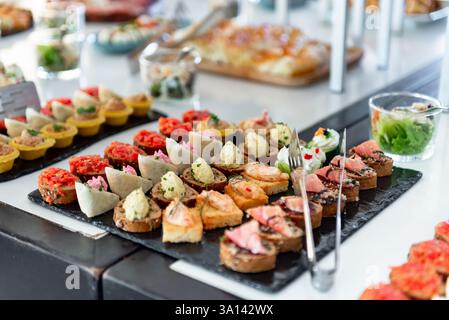 Une exposition vibrante de canapés assortis invite les invités à une réunion culinaire animée. Chaque bouchée de la taille d'une bouchée tente le palais avec des ingrédients frais Banque D'Images