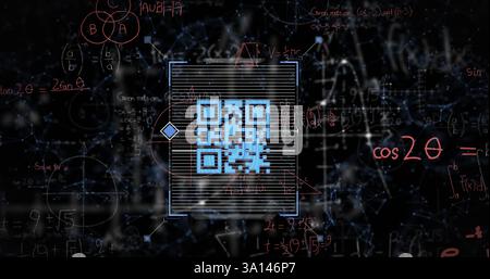 Image d'équations mathématiques sur scanner avec code qr sur fond noir Banque D'Images