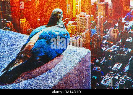 Dessin stylisé de pigeons assis sur le rebord de l'Empire State Building surplombant les gratte-ciel colorés de New York. New York. ÉTATS-UNIS. Banque D'Images