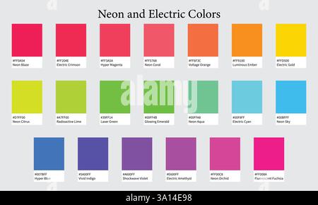 Palette de couleurs 20 couleurs de néon et électrique - rose vif coloré, cyan vibrant, citron vert brillant - avec codes HEXADÉCIMAUX et noms, nuances de couleur Illustration de Vecteur