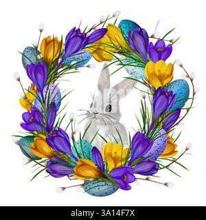 Couronne ronde de Pâques, cadre avec lapin, crocus jaunes et violets, vignes de saule, œufs colorés, branches vertes Banque D'Images